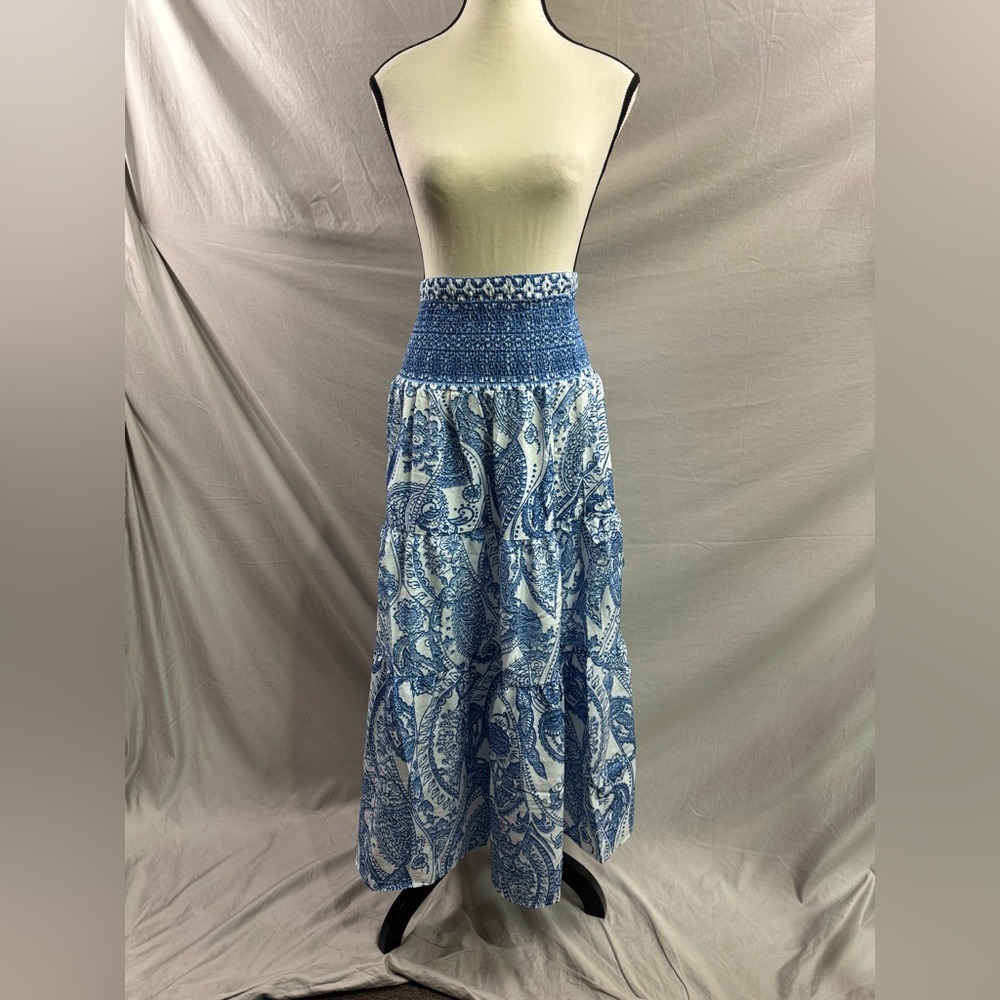 Bohemian Print Long Flared Shirred Skirt Blue - Picture 9 of 10